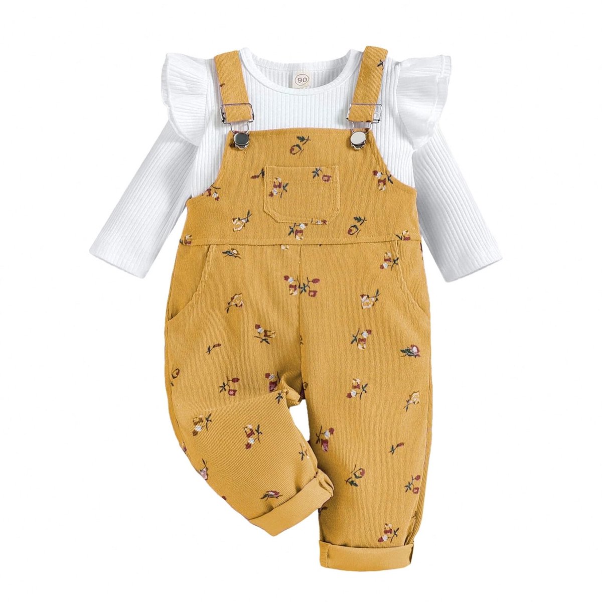 SnelShoppen - Babykleding Meisjes Geribbeld Lange Mouwen Bovendelen Bloemenpatroon Tuinbroek met Zak Outfit Set Geel 18-24 maanden voor Feest en Dagel