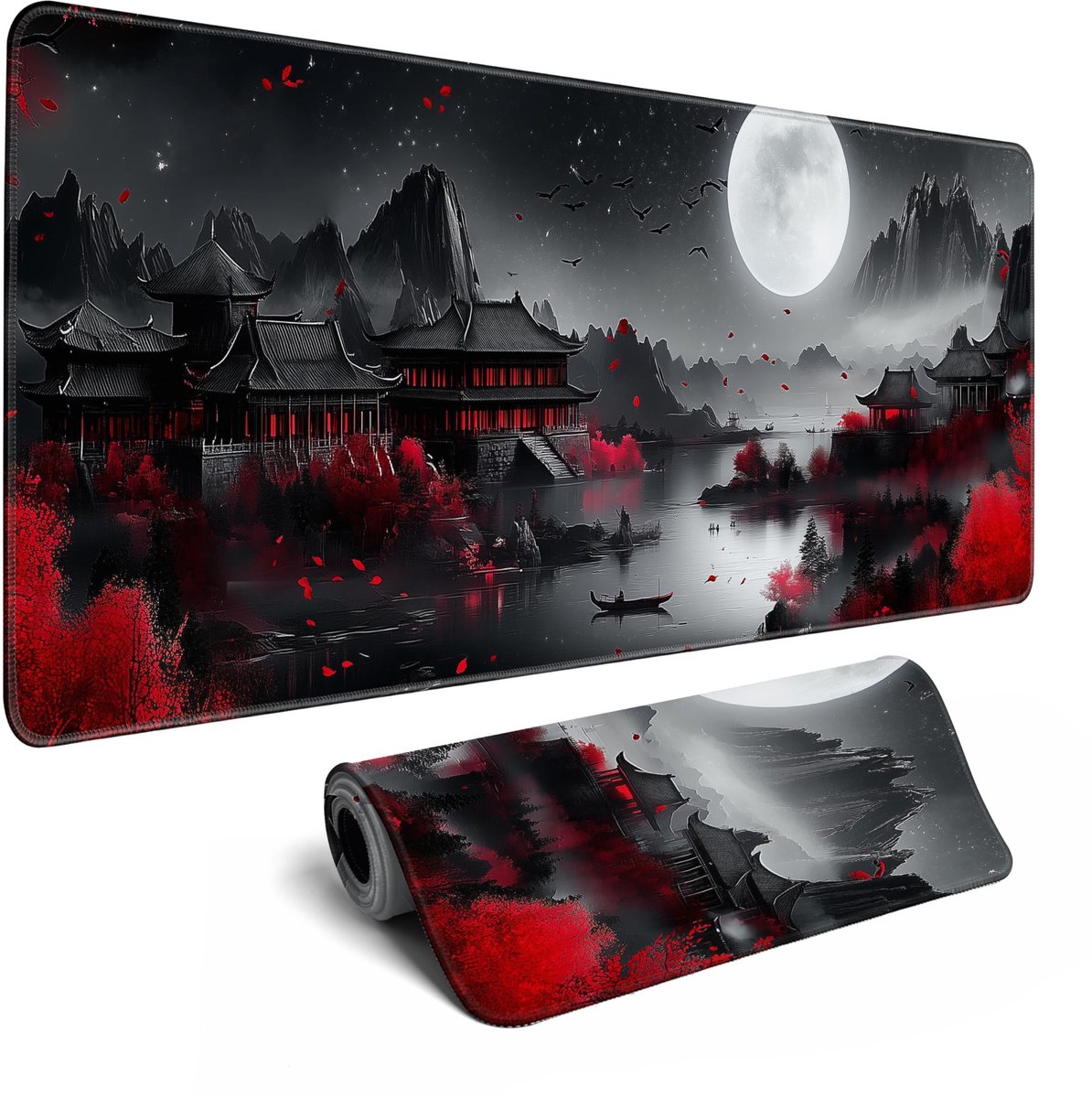 SnelShoppen - Japanse Gaming Muismat XL - Verlengd Bureaumat met Volle Maan Rivierzijde - Antislip Rubberen Ondergrond - Comfortabel Lycra Oppervlak 3