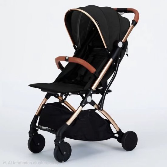 Zwarte, opvouwbare kinderwagen met bruine handvatten en gouden frame.