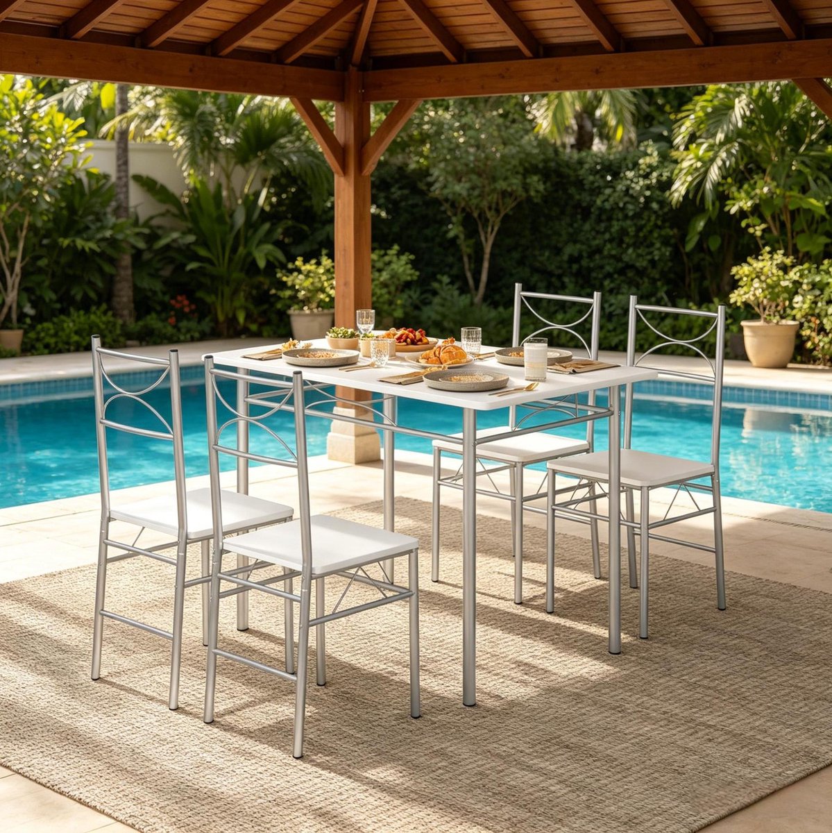 REDOM- Set tafel en stoelen - 4-persoons eetset - Rechthoekige tafel met 4 stoelen - Ruimtebesparend - Moderne stijl - Eetkamer, balkon, bistro - MDF en metaal - Zilver en Wit - 110 x 76 x 70 cm