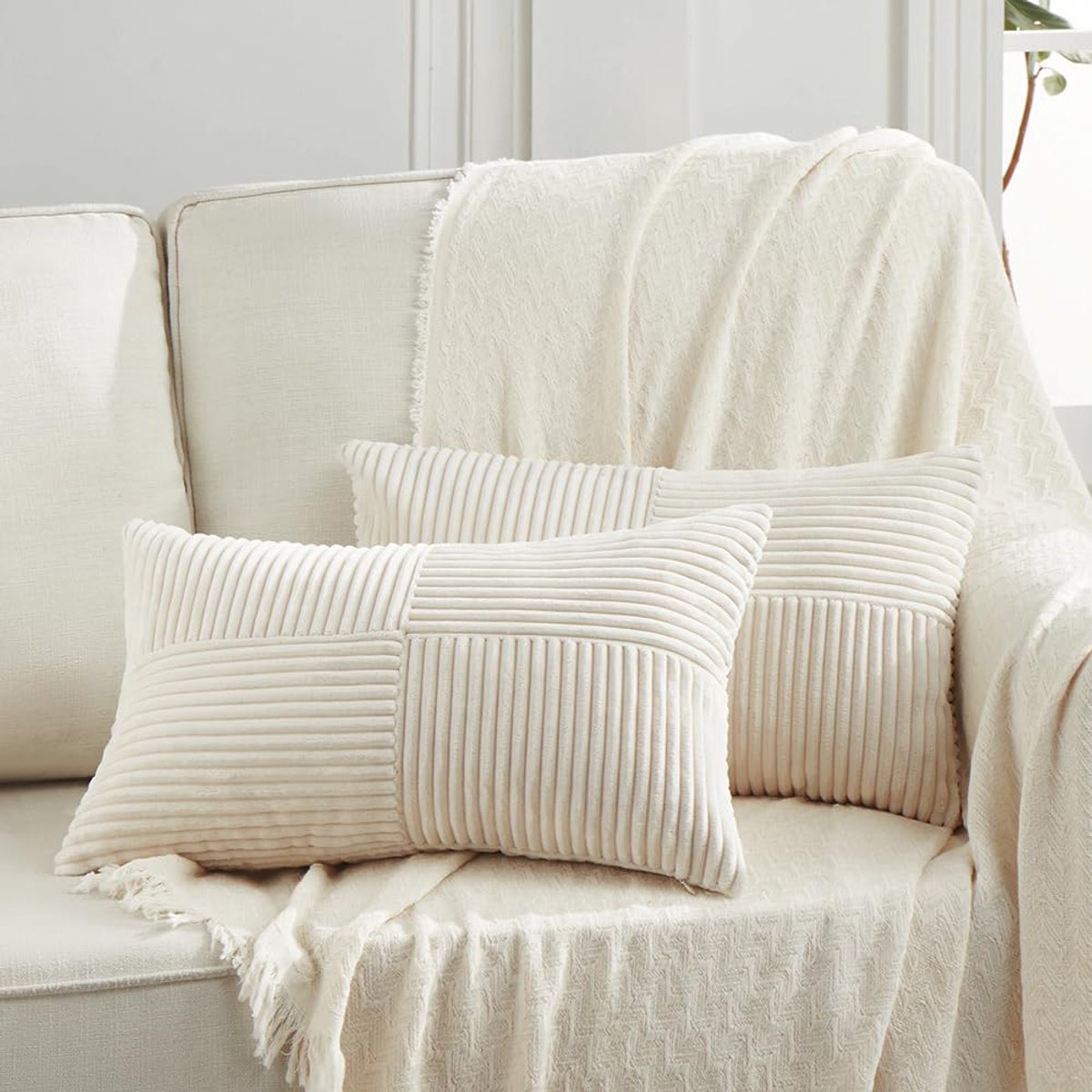 SnelShoppen - Set van 2 Boho Kussenslopen voor Bank 50x60 cm - Zacht Corduroy met Modern Kruispatroon - Lichtbeige Decoratieve Kussens voor Slaapkamer