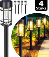 Webzon Solar Tuinverlichting Set van 4 (7x46 cm) - Solar Priklamp op Zonne-energie - Filament LED Warm Wit - 8–10 uur gebruikstijd - Buitenlamp / Tuinlamp / Padverlichting - Lantaarn voor buiten - IP65 Waterdicht - Zwart