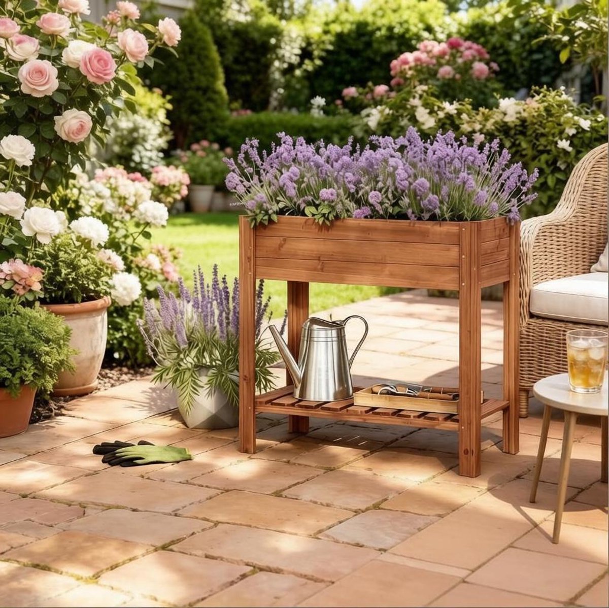 REDOM - Verhoogde plantenbak met opbergplank - weerbestendig - lattenbodem en inzet - opbergrek - balkon terras tuin - hout - Bruin - 80 x 75 x 40 cm