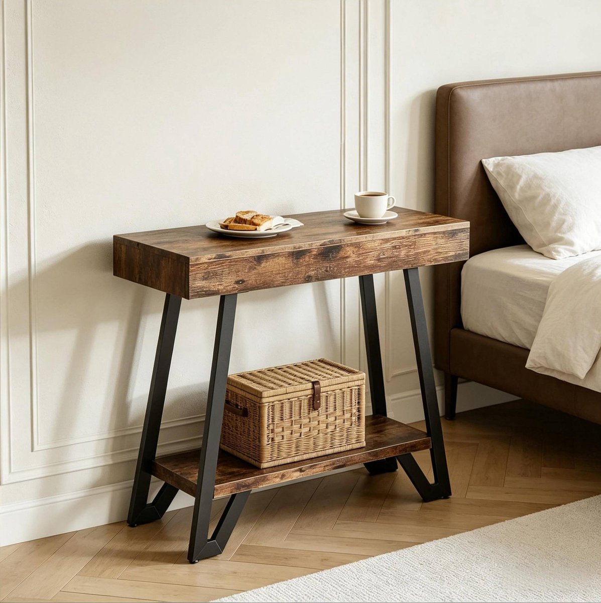 REDOM - Sidetable - Vintage-Industrieel - Rechthoekig - Dubbele plank - MDF en metaal - Zwart - Rustiek bruin - 103 x 30 x 80 cm