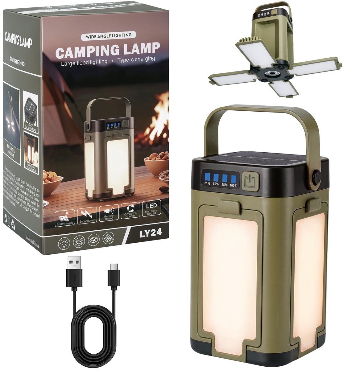 SnelShoppen - Campinglamp op zonne-energie, 6-in-1 opvouwbare tentlamp, oplaadbare LED zaklamp met 6 lichtmodi, USB-C, ideaal voor kamperen en buiteng