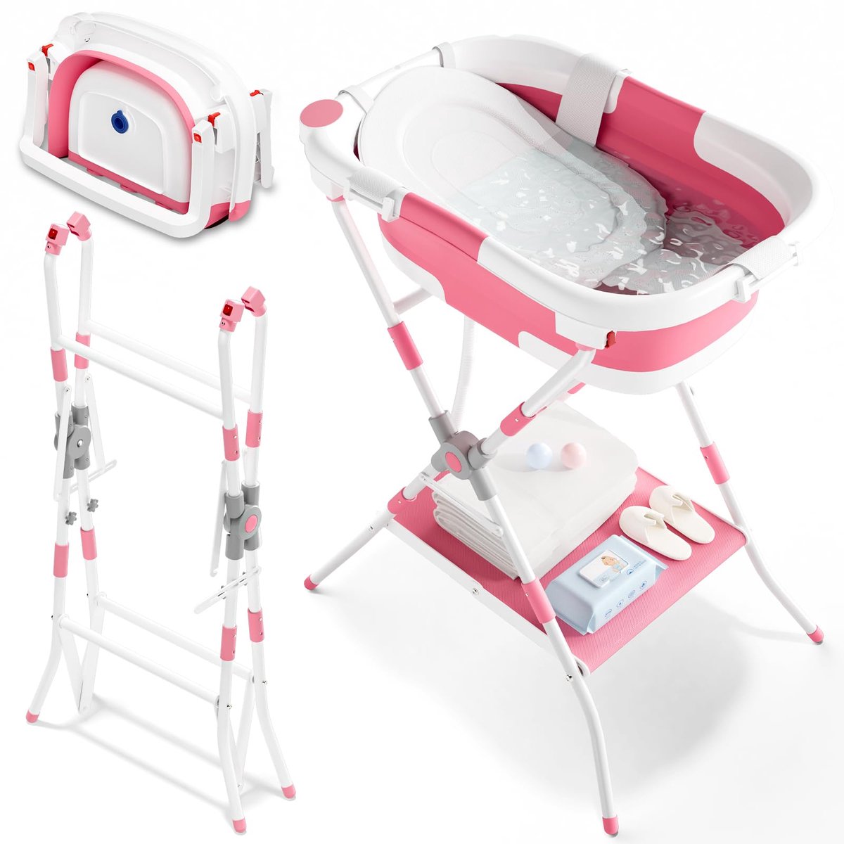 SnelShoppen - 3-in-1 Opvouwbaar Babybad met Standaard, Babybad met Badondersteuningsnet voor Pasgeborenen tot Peuters, Multifunctioneel en Opvouwbaar