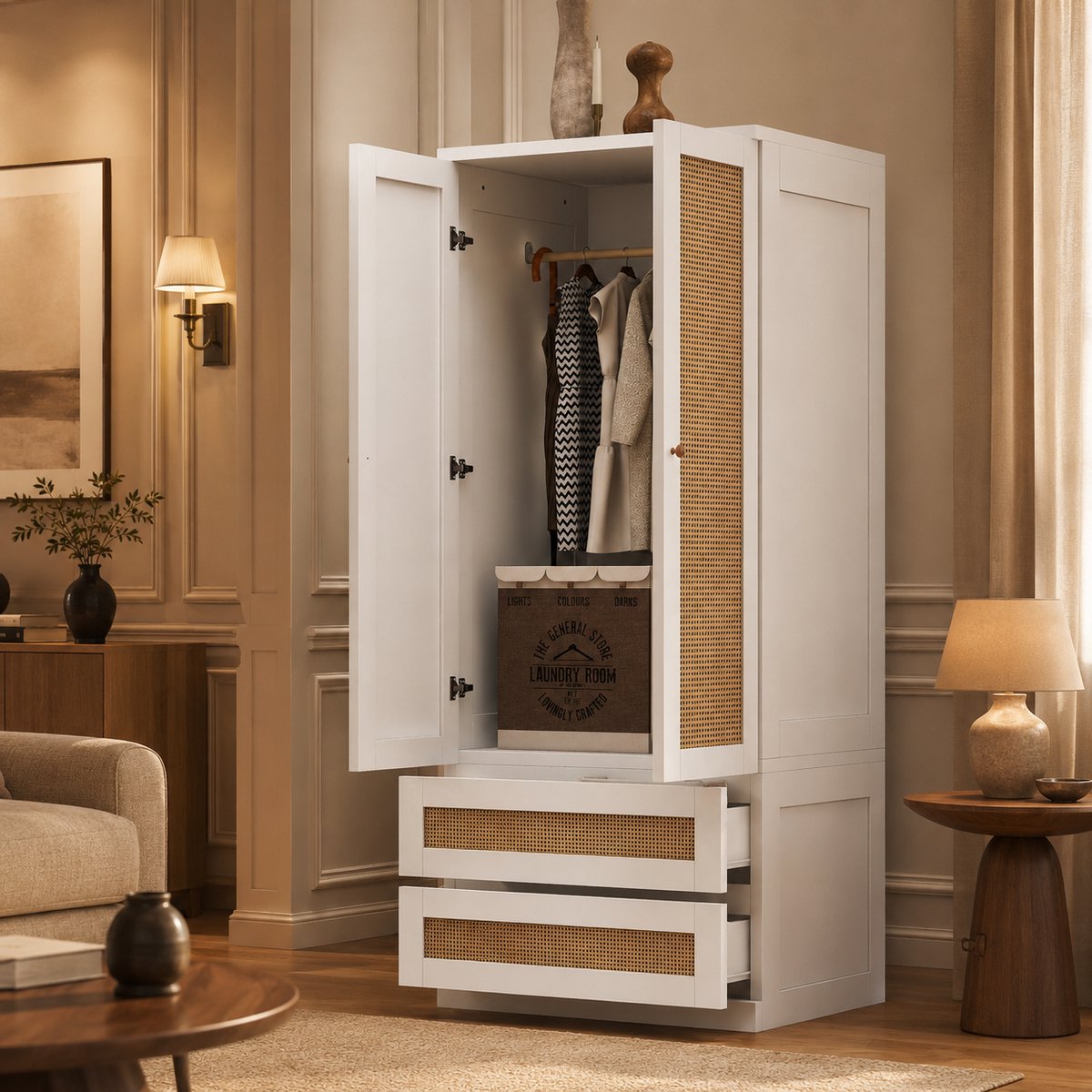 Kledingkast - Garderobekast - Kledingkast met lades - Slaapkamer Kast - Grote Opbergruimte - 70x55x170 cm - Dubbele deur design - Wit