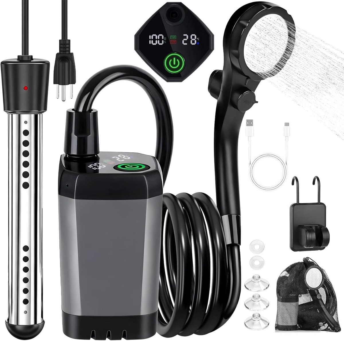 Draagbare campingdouche met verwarming - Draagbare kampeerdouche - Camping Douche - Buitendouche -Oplaadbare douche 6000 mAh - Met led display - Inclusief draagtas - Voor honden auto en camper - Grijs