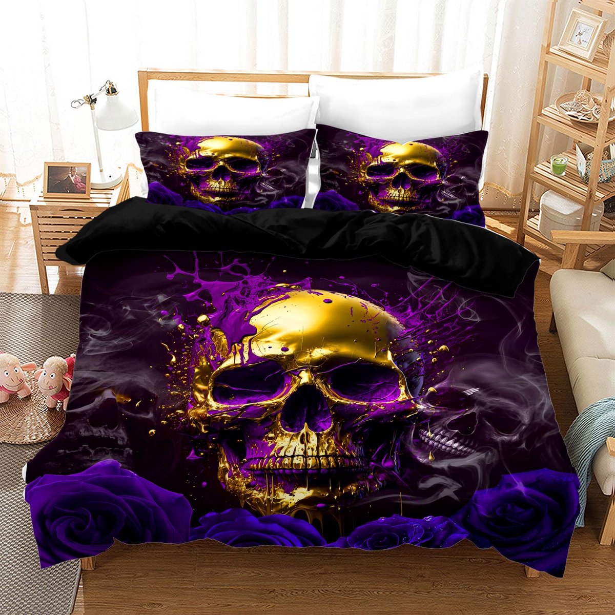 SnelShoppen - UGZDEA Schedel Beddengoedset 200x200 cm - Gothic Print, Microvezel Dekbedovertrek met Ritssluiting, Zwart voor Sfeervolle Slaapkamers