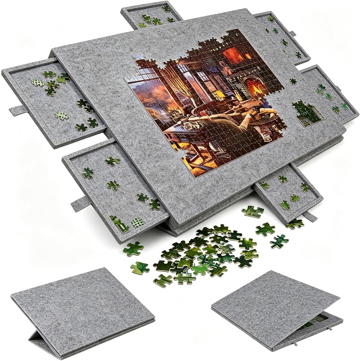 SnelShoppen - Puzzelmat 1000 stukjes - Kantelbaar, Vilt, Antislip - Draagbare Puzzelplank met 6 Laden en 2-in-1 Standaard - 52 x 77 cm - Antraciet voo
