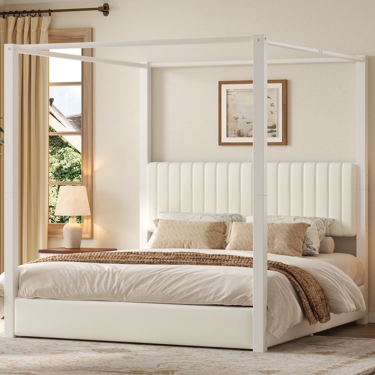 Hemelbed 180x200 cm - Gestoffeerd Velvet Bed Met Hoofdbord En Metalen Frame - Beige Wit