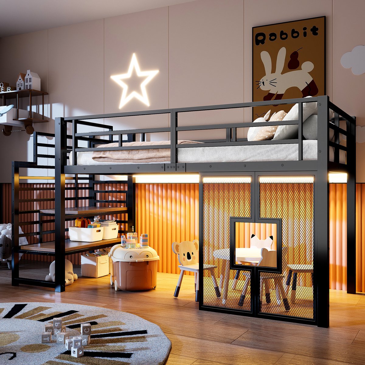 Hoogslaper 90x200 cm - Zwart Metalen Bed Met Trap, Opbergruimte, LED Verlichting En Raam