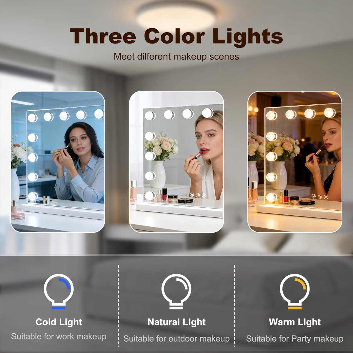 SnelShoppen - Hollywood Make-uptafelspiegel met Verlichting, Dimbare Make-upspiegel met 14 LED Lampen, 3 Kleurtemperaturen, Oplaadpoorten, Touch-Contr