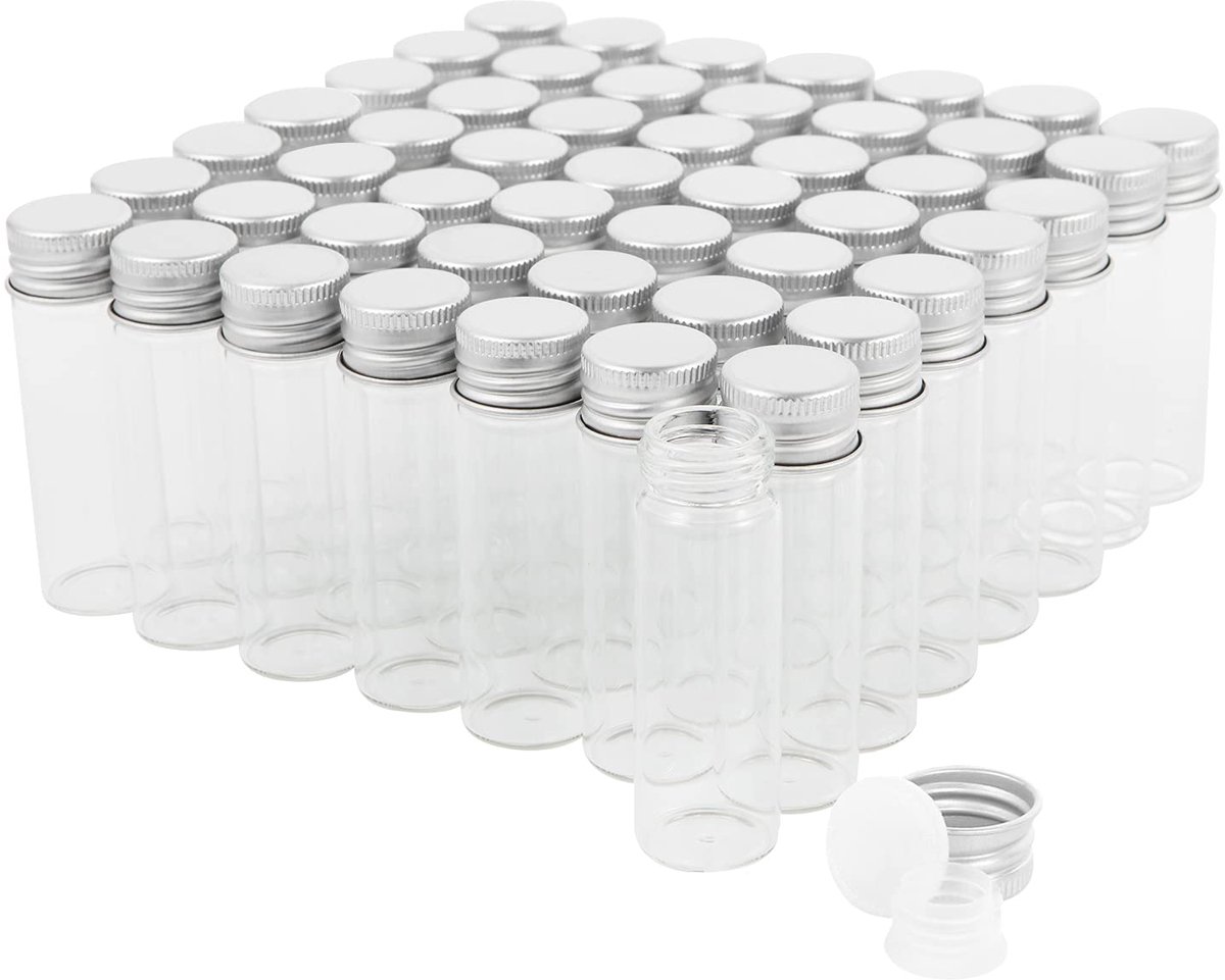 SnelShoppen - 50 Stuks 15 ml Glazen Flesjes met Schroefdop en Plastic Stop - Transparante Lekvrije Flesjes voor Vloeistoffen, Poedermonsters en Kleine