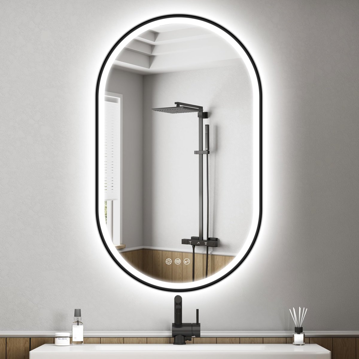 SnelShoppen - LED Badkamerspiegel 1000x600 mm Ovaal met Bluetooth, 3 Dimbare Kleuren, Ontmistingsfunctie, IP44, HD Gehard Glas, Zwart - Horizontaal/Ve