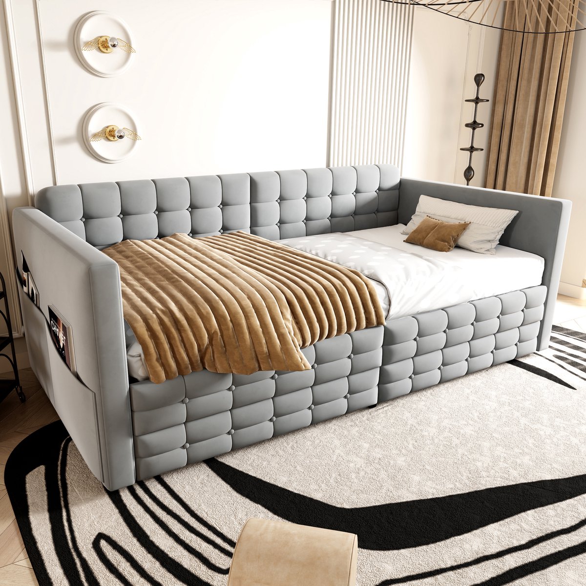STILVORA Slaapbank 90x190 cm - Eenpersoonsbed Met Opbergruimte En Bedlade - Klassiek Ruitpatroon - Zacht Fluweel - Lichtgrijs - Zonder matras