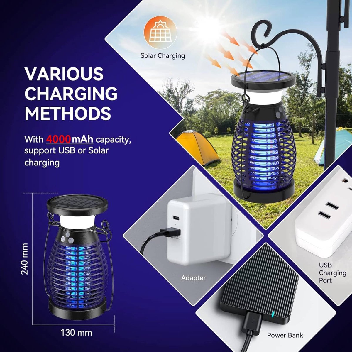 SnelShoppen - Insectenverdelger op Zonne-energie, Elektrisch, UV-Insectenval, 4200V, 4000mAh, USB-oplaadbaar, IP66 Waterdicht, Muggenlamp voor Tuin en