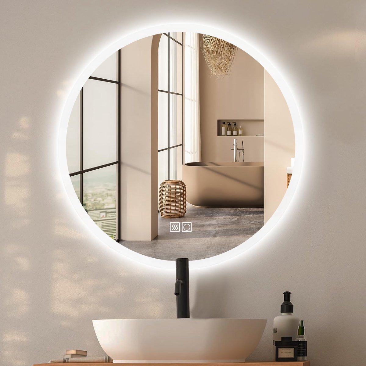 SnelShoppen - Ronde Spiegel met Verlichting 50cm, Dimbaar LED Badkamer Wandspiegel, 3 Lichtkleuren, Anti-Mist Functie, Modern Design voor Badkamer en