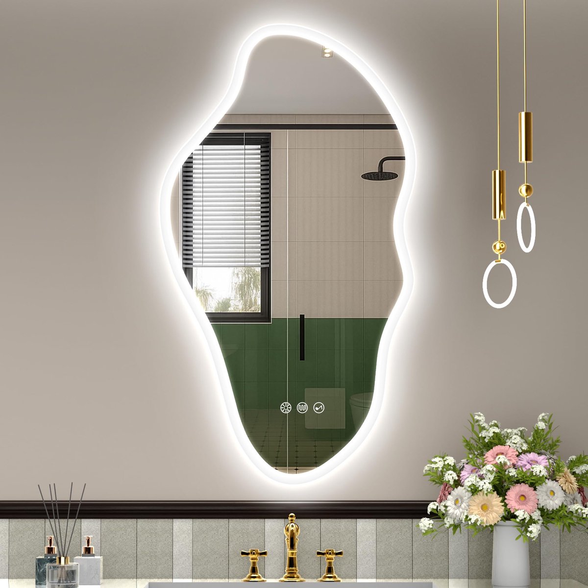 SnelShoppen - Onregelmatige Badkamerspiegel met Verlichting 90 x 50 cm - Dimbare LED Spiegel met Bluetooth, 3 Kleuren, Anti-condens, Gehard Glas, IP44