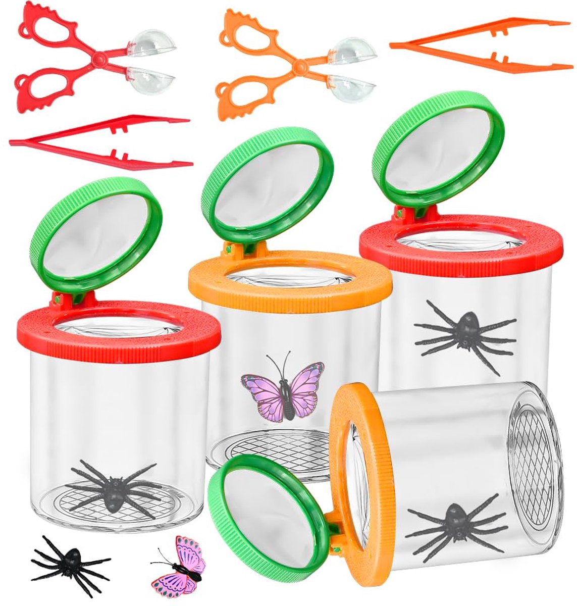 SnelShoppen - 4 Stuks Bekervergrootglas voor Kinderen, Insectenkijker met 3-vaks/6-voudige Vergrootbekerset, Insectenvanger met Pincet, Peuterspeelgoe