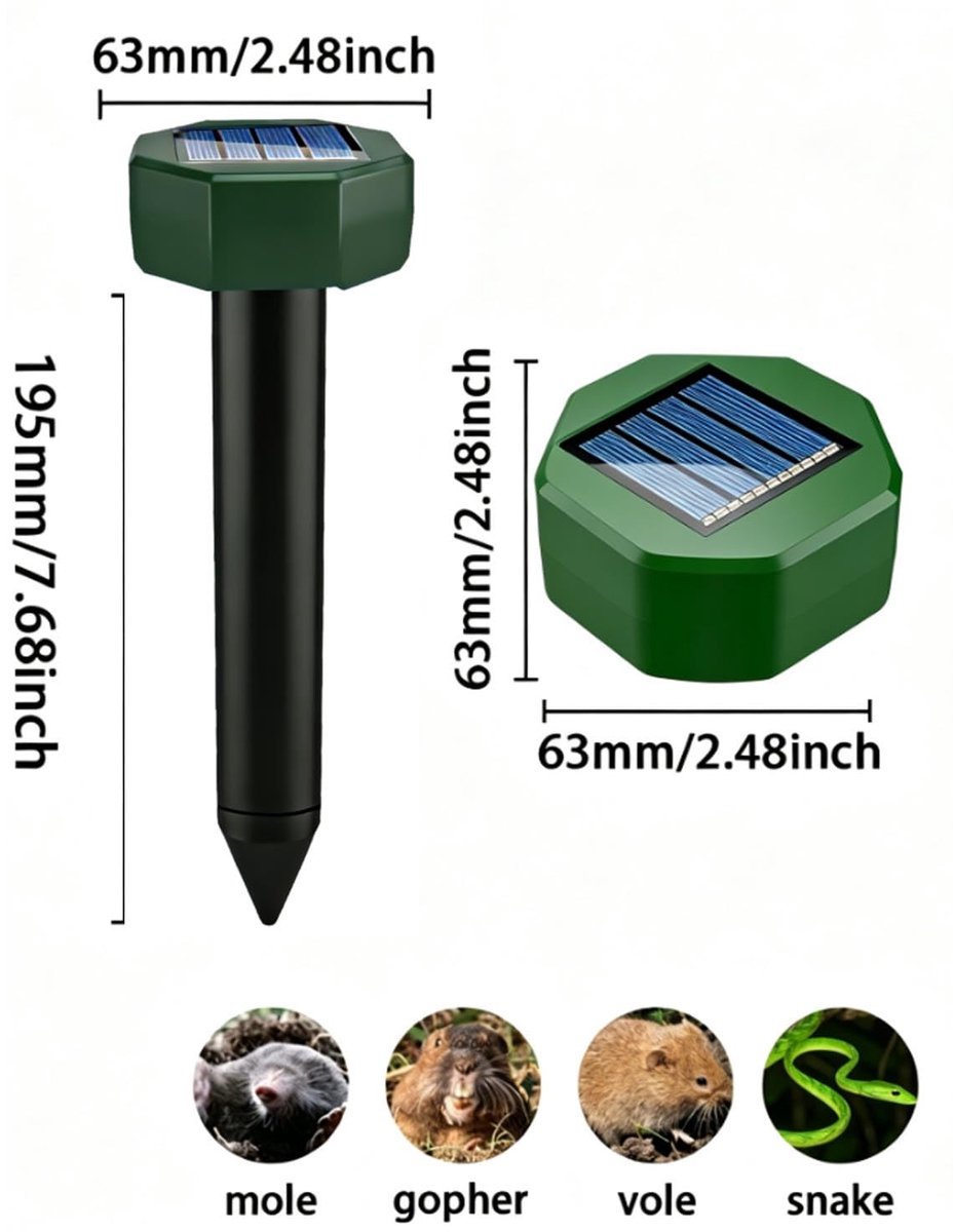 SnelShoppen - 4x Ultrasone Mollenverjager op Zonne-energie, Verjager tegen Woelmuizen en Ongedierte, Tuinaccessoires voor Effectieve Ongediertebestrij