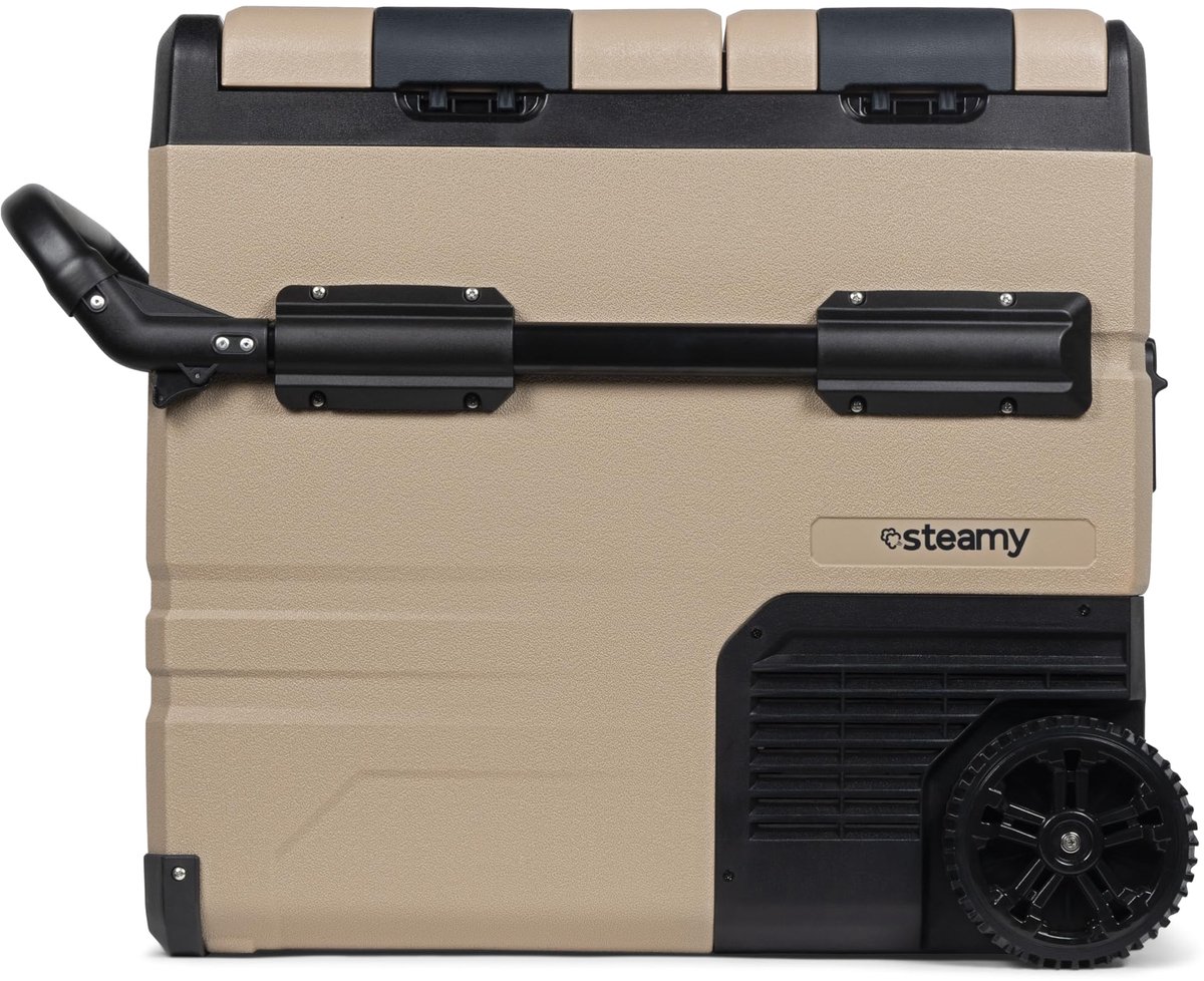 SnelShoppen - Steamy-E Dual Zone 55 Roller Elektrische Koelbox op Wielen - 54 Liter - 12V/230V - Vriezen en Koelen van -20 tot +20 - Zandkleurig - Ide