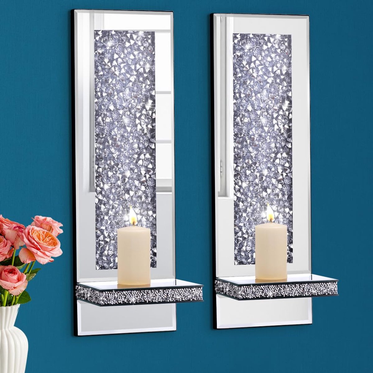 SnelShoppen - Aeveco Crystal Crush Wandkandelaar Set van 2 - Zilveren Mirrored Kaarsenhouders met Acryl Diamanten - Rechthoekige Wanddecoraties voor W