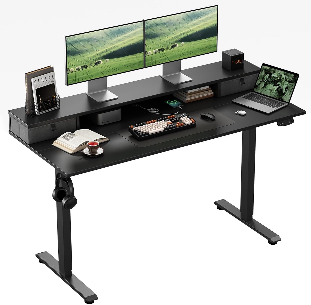 SnelShoppen - Elektrisch Verstelbaar Bureau in Hoogte met Dubbele Lades, Ergonomisch Sta Bureau 140x60 cm, Zwart, Ideaal voor Thuiswerk en Kantoor