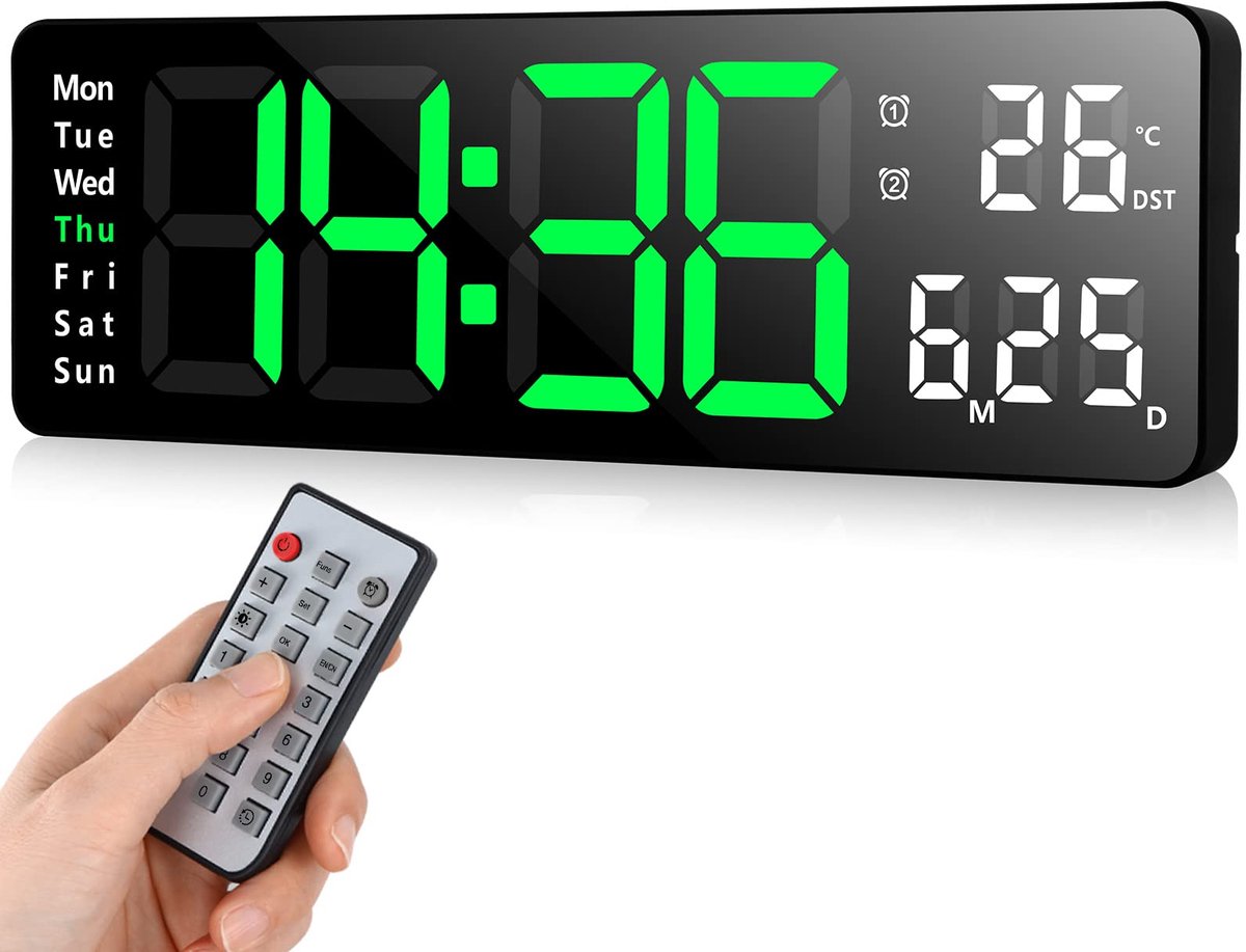 SnelShoppen - Fuloon Wandklok Digitale LED 33,3 cm met Afstandsbediening, Datum, Temperatuur, Countdown, Perfect voor Slaapkamer, Woonkamer en Kantoor