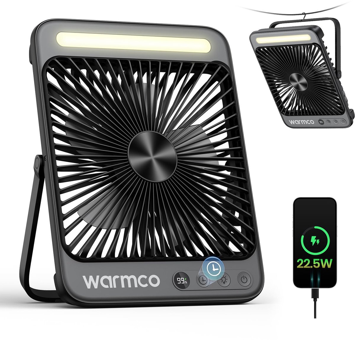 SnelShoppen - D4 Pro Camping Ventilator 20000mAh, 27cm Draagbare Oplaadbare Ventilator met Licht, 22,5W Snelladen, 15-48u Looptijd, Timer, Haak voor T
