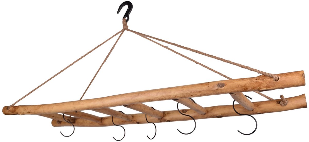 Dailygoods - Houten Decoratieve Ladder met 5 Haken en Plafondhaken