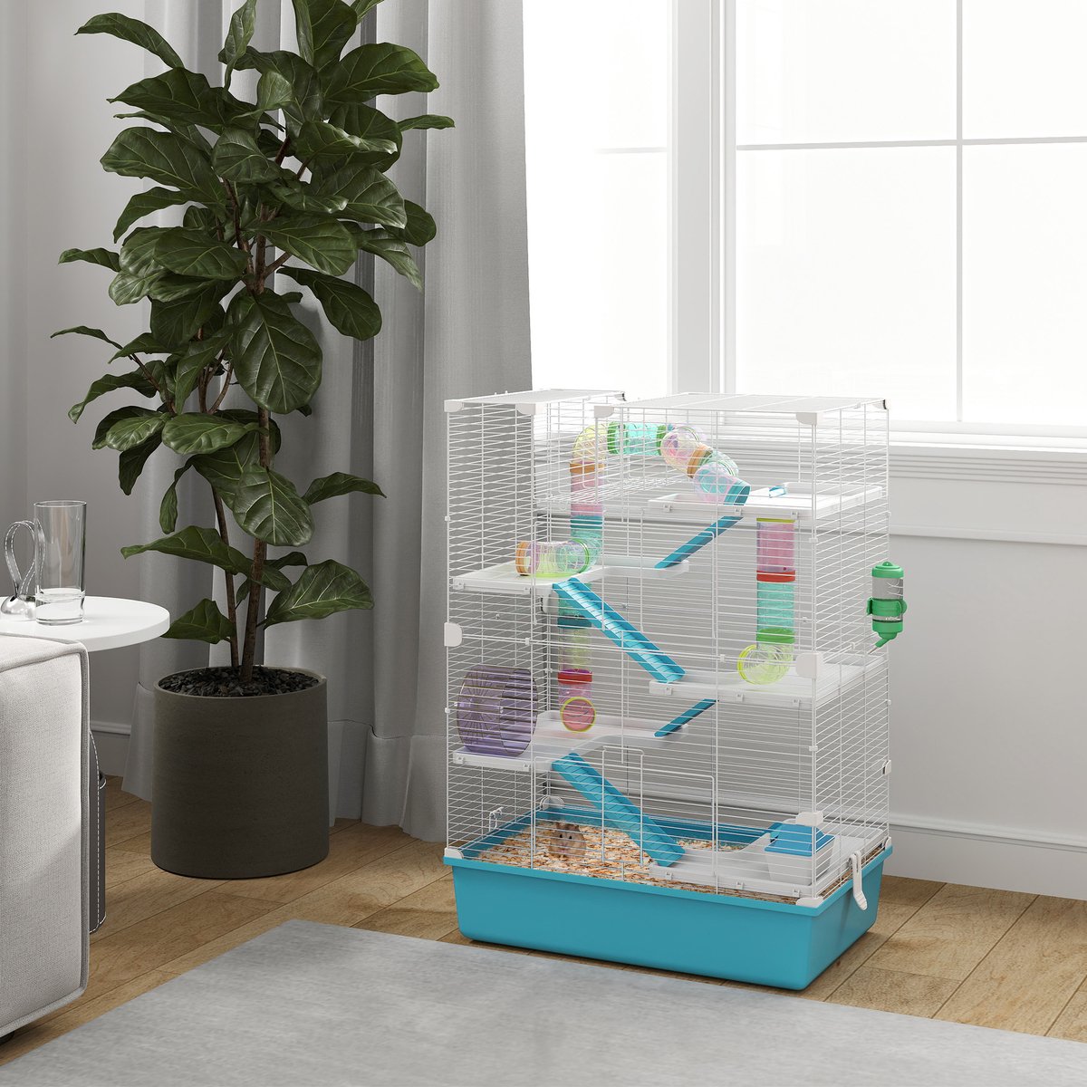 Wishdor Hamsterkooi - 6 lagen met buizen en tunnels - met looprad, waterfles, voerbak en hellingen - lichtblauw - 58 x 36 x 81 cm