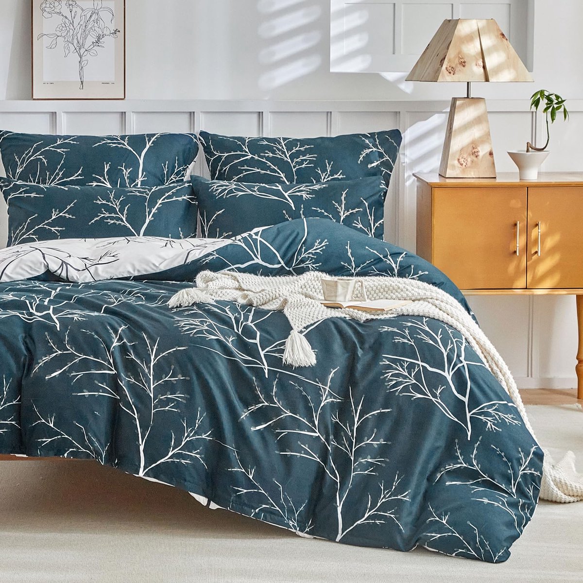 SnelShoppen - Dekbedovertrek 200x200 cm met 2 Kussenslopen 80x80 cm Omkeerbaar Takkenpatroon Beddengoedset Marineblauw Geborstelde Microvezel met Rits