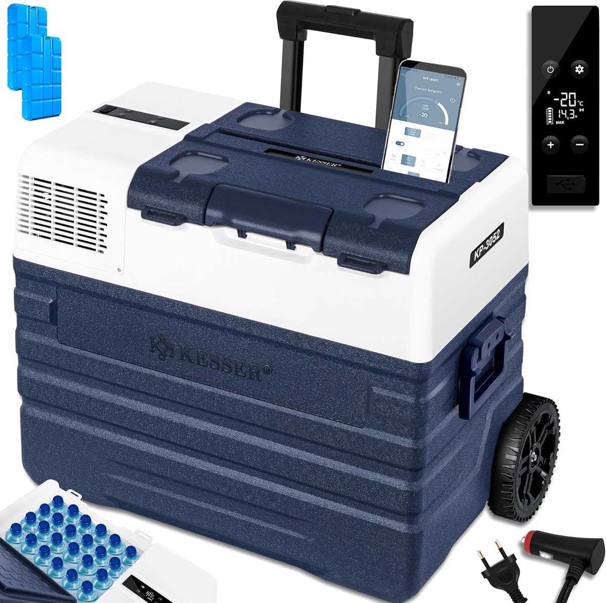 Compressor Koelbox 52 Liter, Elektrische Koelbox met App-bediening, -20°C, 12/24V & 230V, USB, Wielen en Telescoopgreep