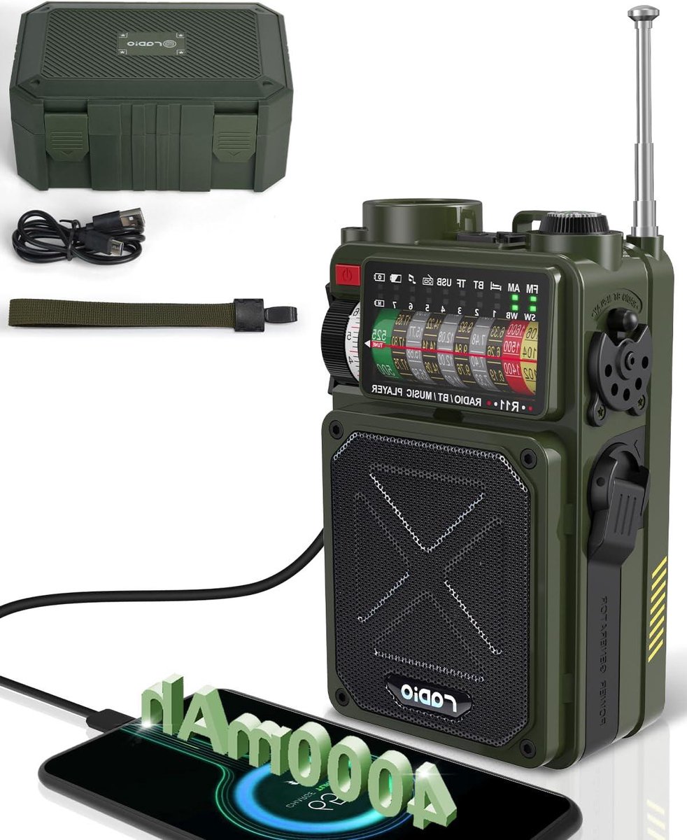 Noodradio - Weerradio Crankradio - Buitenactiviteiten Noodsituaties - Bluetooth SOS Zaklamp - 4000mAh - Zwart
