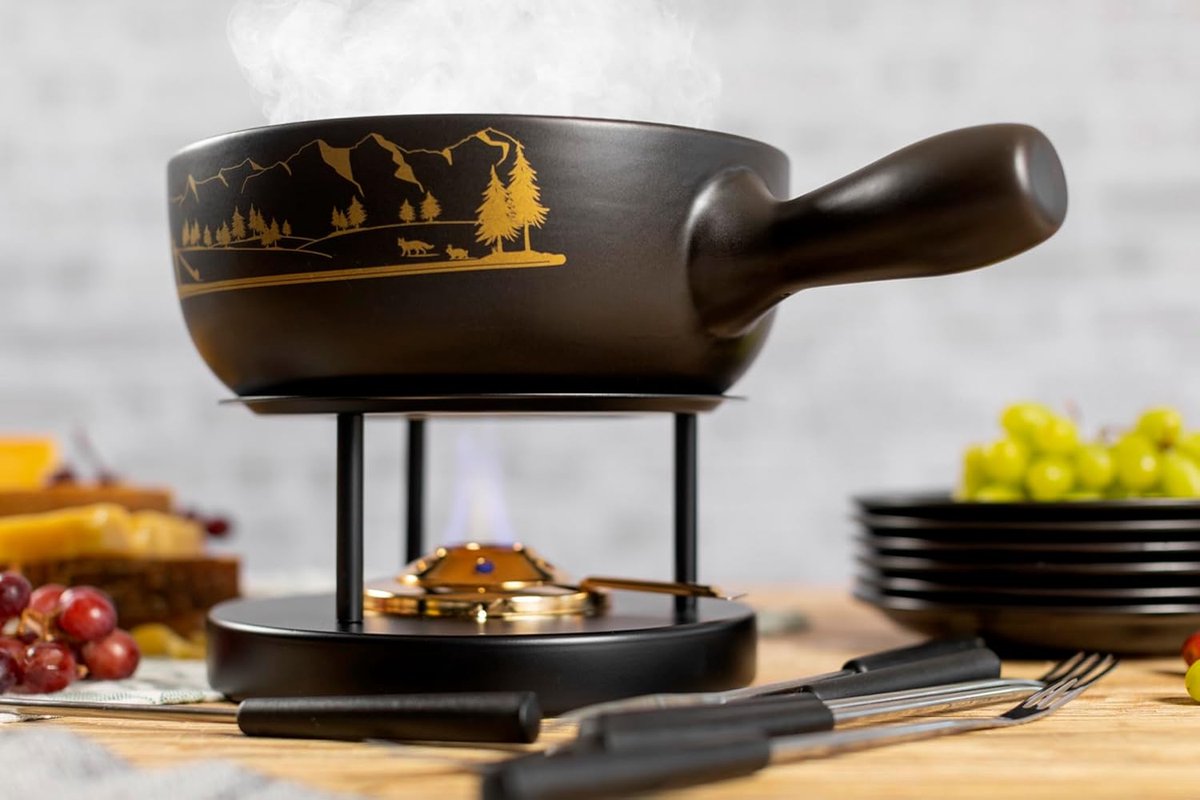 Kaasfondue set - Fonduepan met toebehoren - Gezellig eten - Handgemaakt van klei - 23 cm - Bruin – foto 2