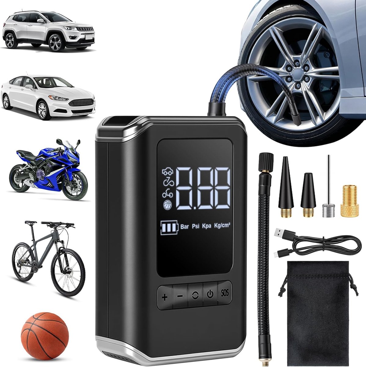Bobypet - Elektrische luchtpomp -150 PSI accucompressor - Draadloze fietspomp met LED-verlichting en automatische stop, oplaadbare bandenpomp voor auto, motor, fiets, e-bike en ballenbak
