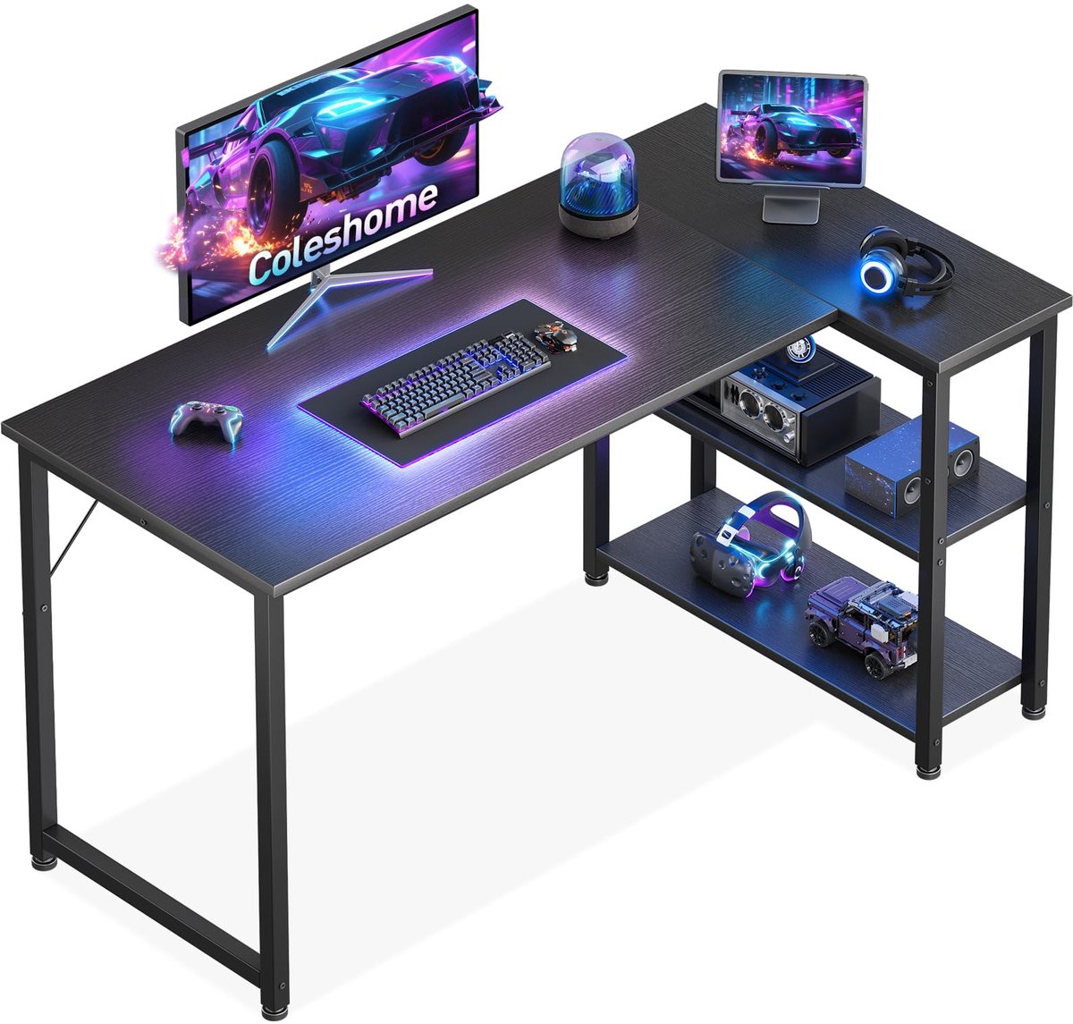 SnelShoppen - Coleshome Gamingbureau 120x70cm Hoekbureau met Omkeerbaar Schap, L-Vormig Gamingbureau voor Thuiswerkplek, Zwart, Modern en Ruimtebespar