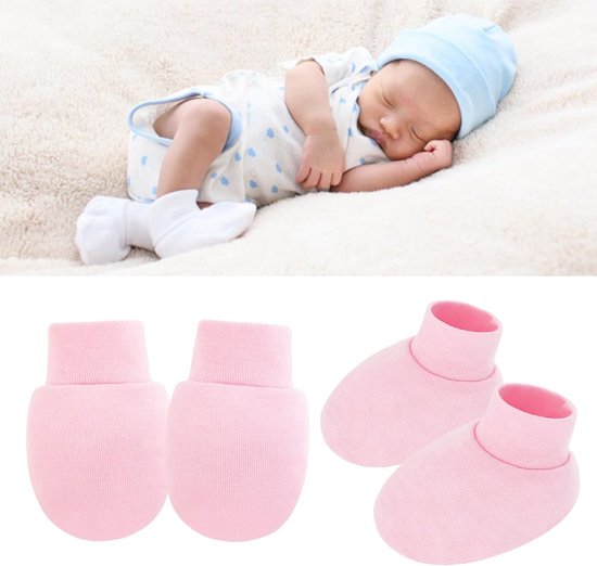 Baby Wanten en Sokken - Krasvrije Baby Set - Bescherming Pasgeborenen - Ademende Katoenstof - 4 Set - Multicolor — afbeelding 4