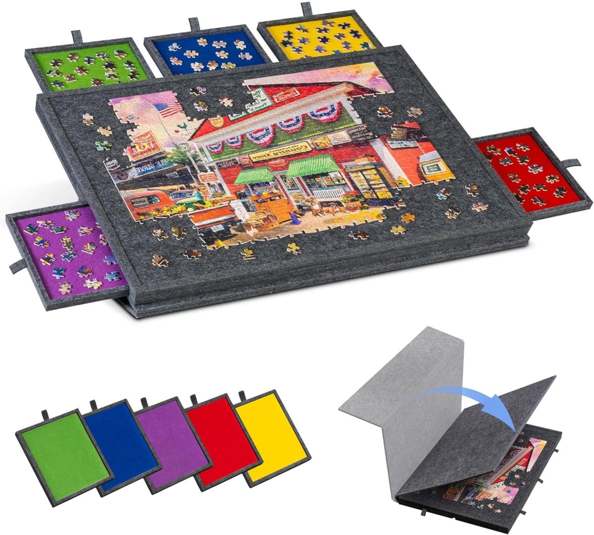 SnelShoppen - Puzzelblad 1000 stukjes met opberglades - Opvouwbaar Puzzelbord van Vilt 77 x 53 cm - Draagbare Puzzelmat voor Thuis, Camping en Feesten
