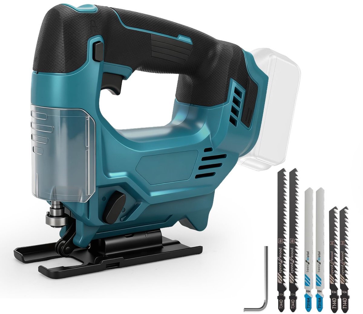 SnelShoppen - Decoupeerzaag voor Makita 18V Accu's, Borstelloze Decoupeerzaag met 26 mm Hefhoogte, 45° Schuine Sneden, 3 Pendelslagniveaus, 6 Zaagblad