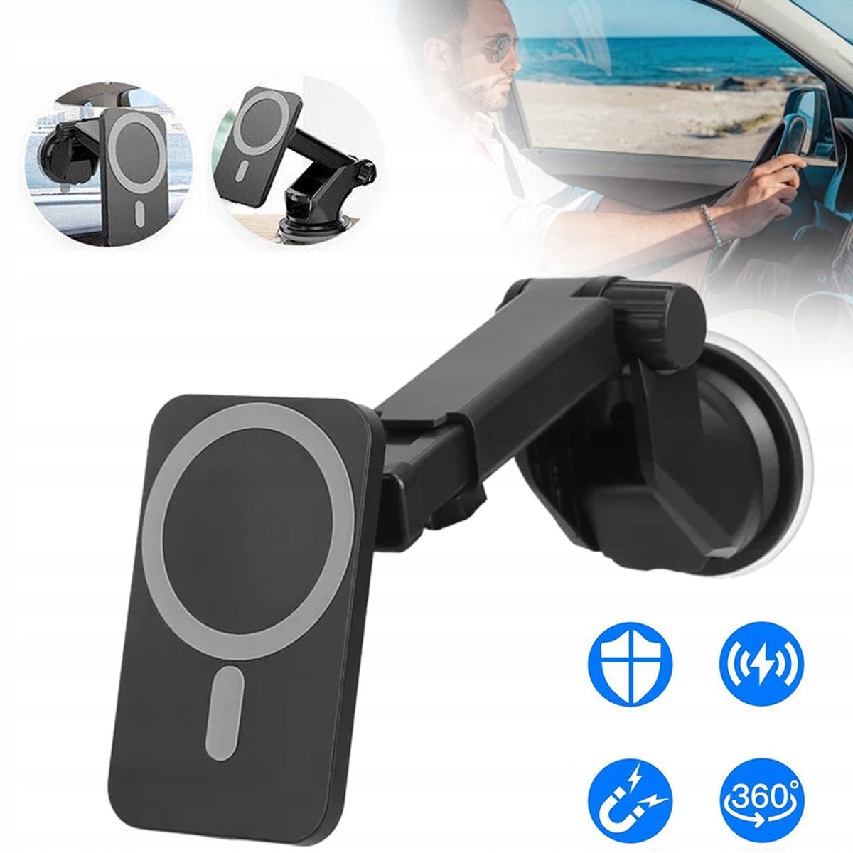 2-in-1 Draadloze Autolader En Telefoonhouder Voor in Het Ventilatierooster - 360° Draaibaar Vergrendelingsring - Universele Pasvorm Magnetisch Veilig Geen Storingen - Zwart