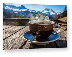 Koffie Surrealistisch Berglandschap - Glasschilderij - 150x100 cm - Foto op Glas - Acrylglas - Wanddecoratie - Koffie Kunst