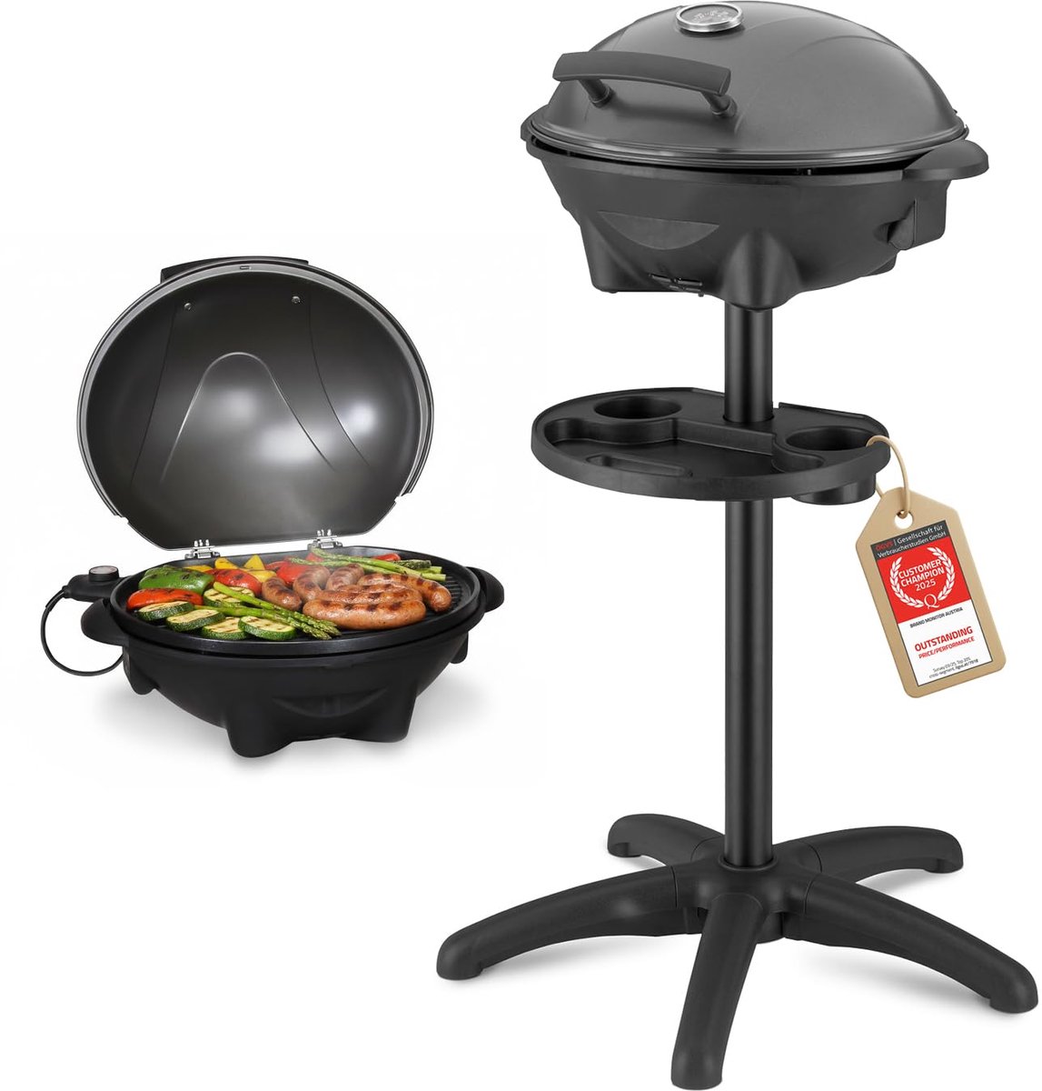 SnelShoppen - Elektrische Grill 2 in 1 Tafelgrill & Standaard Barbecue 2400W - Opvouwbare Kogelbarbecue voor Balkon & Terras met Deksel, Thermometer &
