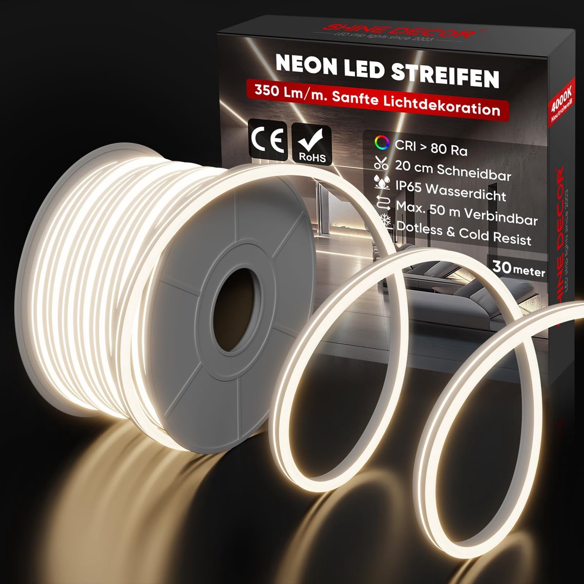 SnelShoppen - Shine Decor Neon LED-strip 30m AC 230V IP65 Waterdicht 120 LEDs/m Flexibele Neon Strips voor Woondecoratie Keuken Tuin Verlichting Neutr