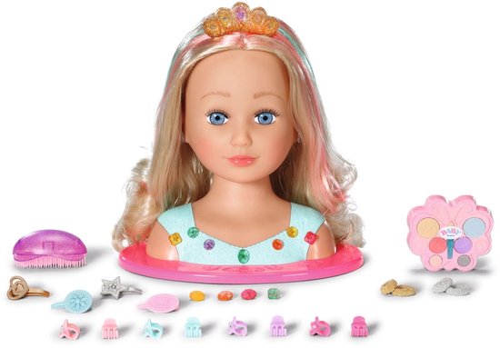 BABY born Stylinghoofd Prinses met gedecoreerd blond haar, roze en turquoise highlights, met accessoires en make-up.