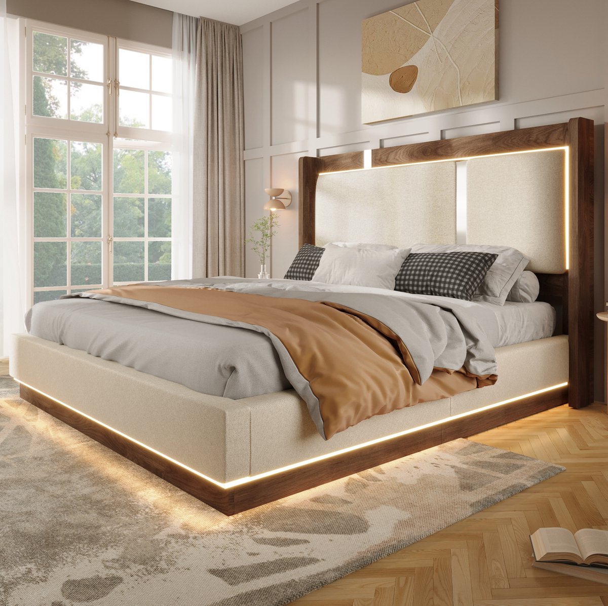 MODFU - Bed - Tweepersoonsbed - Met LED - Met Opbergruimte - Beige - Walnoot