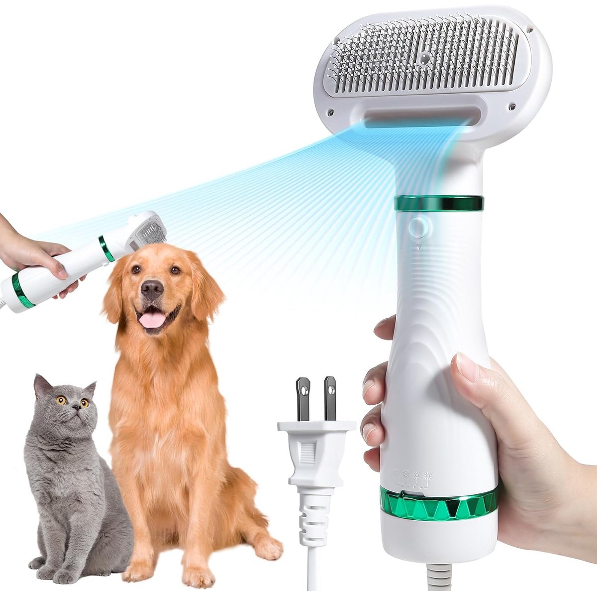 KZQ Professionele huisdier föhn met gladborstel - 3 warmtestanden en eenknops haaruittrek - Draagbare blazer voor kleine en grote honden en katten - Groen