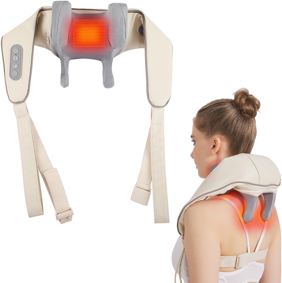 Schoudermassageapparaat - Nekmassageapparaat - Elektrisch massageapparaat - Acupressuur nek- en schoudermassageapparaat - Met verwarmingsfunctie - Diepe weefselmassage - Draagbaar - Verlicht rugpijn - Ingebouwde 1200mAh batterij - Gebroken wit