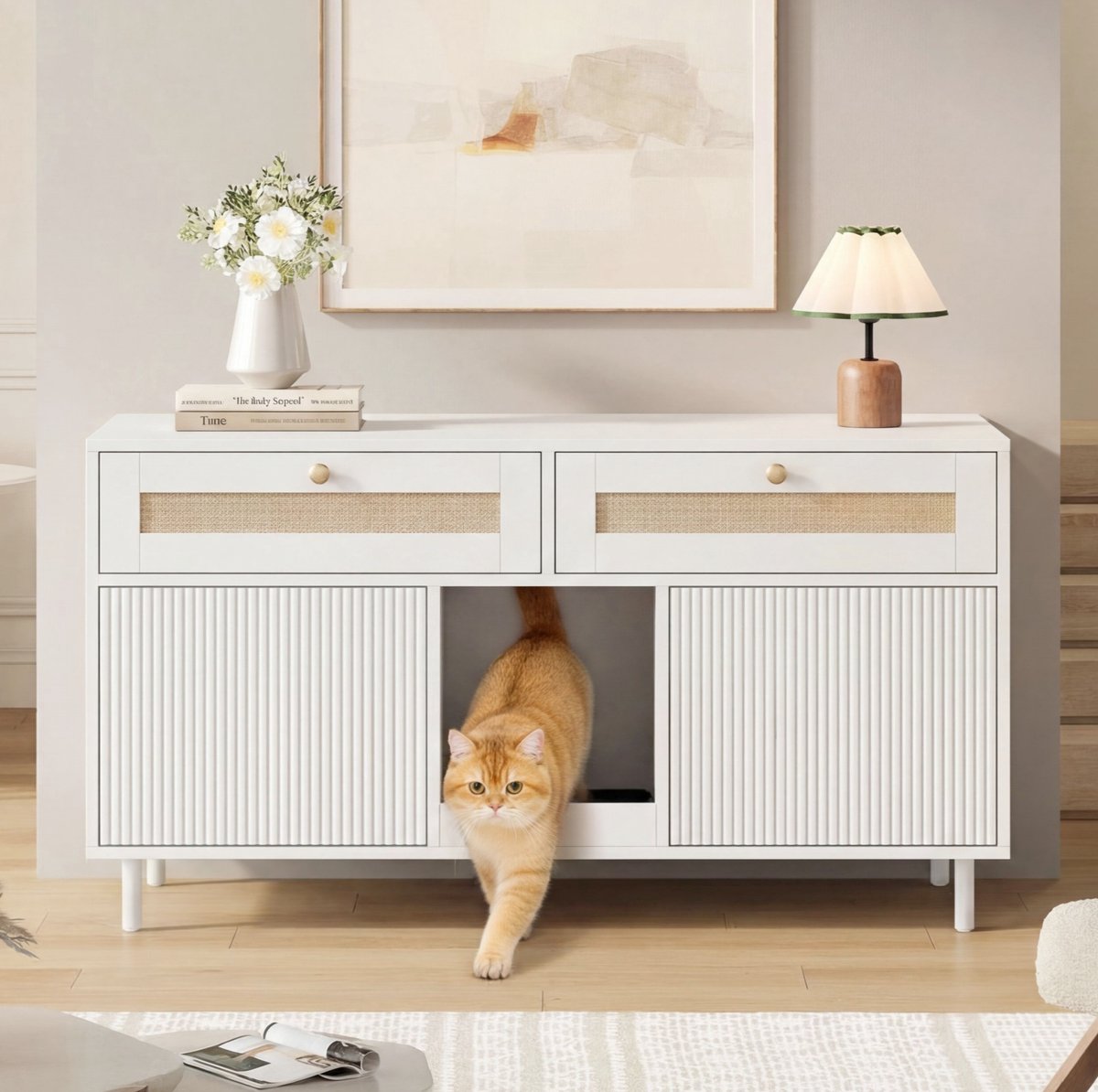 MIVRAY Kattenkast – Met Dubbele Deuren En Kattenstreumat – 120 x 50 x 65 Cm – MDF – Wit – Als Dressoir Voor Een Opgeruimd Interieur